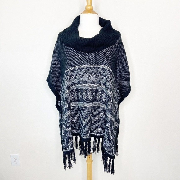Indigo Black Button Side Fringe Cowl Neck Poncho L - Picture 1 of 11